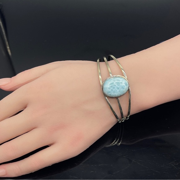 Sterling Silver 925 Oval Larimar Cuff Bracelet 13.8g 8 Inches - Picture 2 of 8